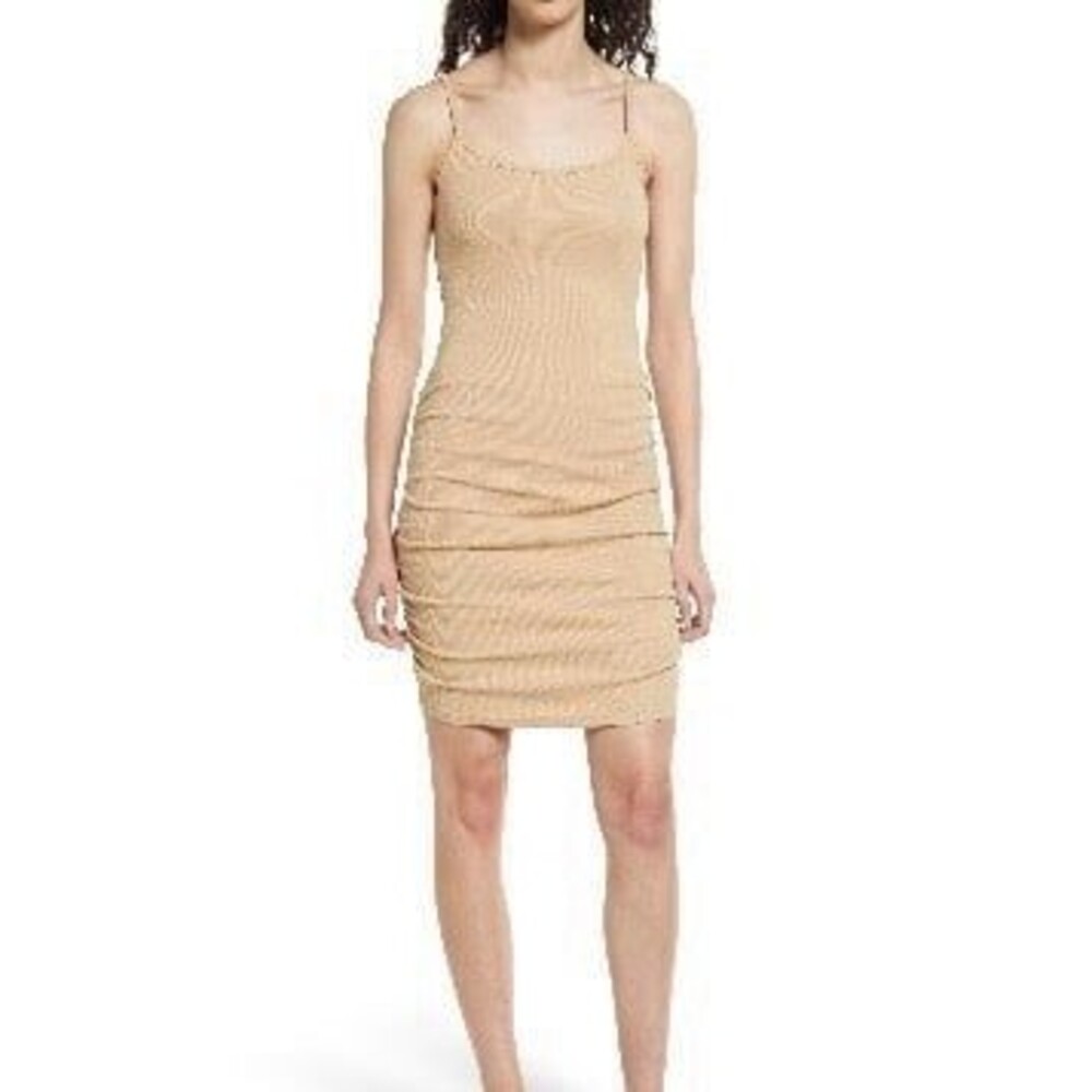 Melrose And Market Tan Sesame Knit Cami Side Ruched Bodycon Dress S